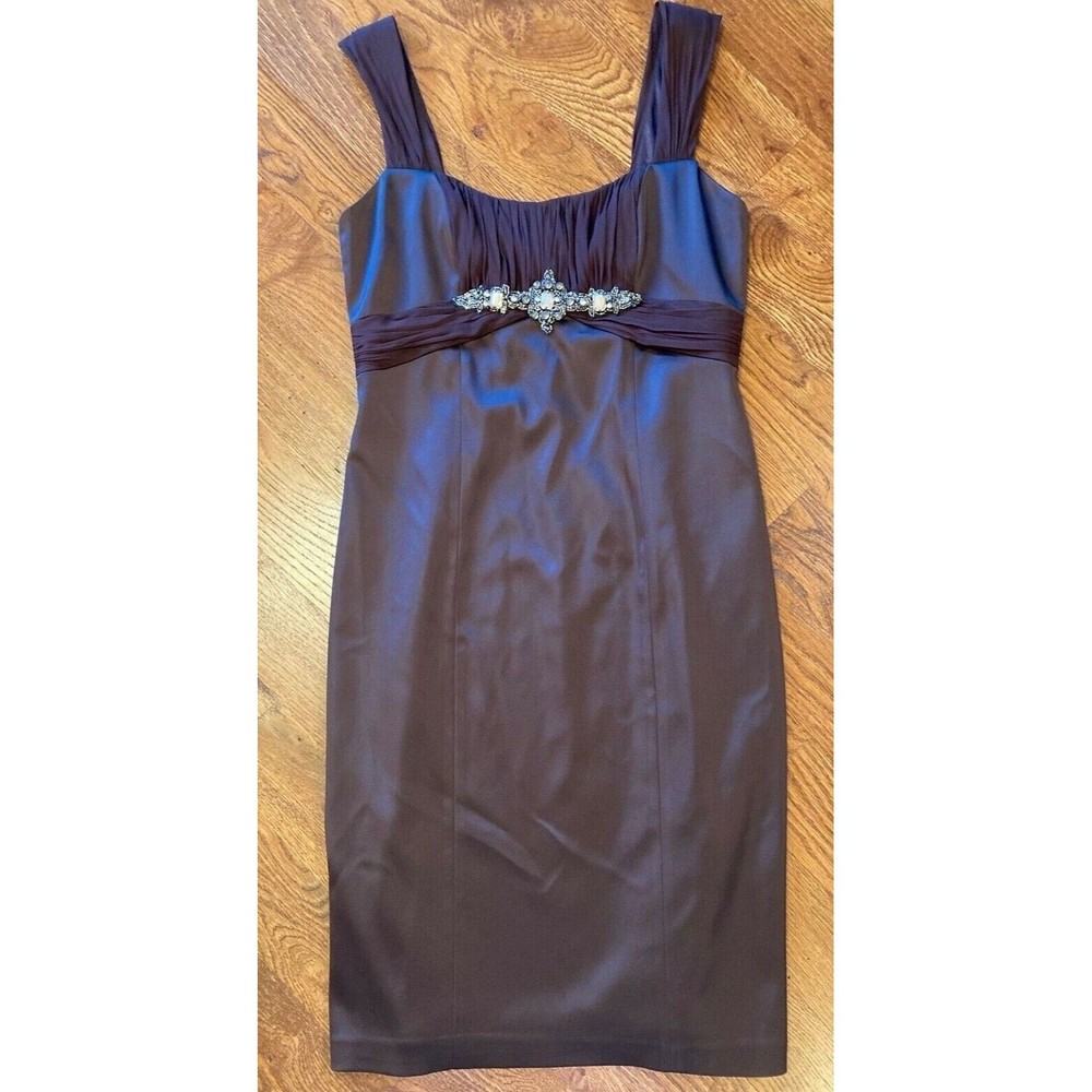 David Meister Women's Size 6 Brown Satin Jeweled Evening Cocktail Sheath Dress